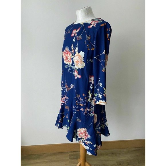River Island Navy Blue Floral Long Sleeve Dress Size 10 Neck Hollow Bow Tie Back - Picture 4 of 9